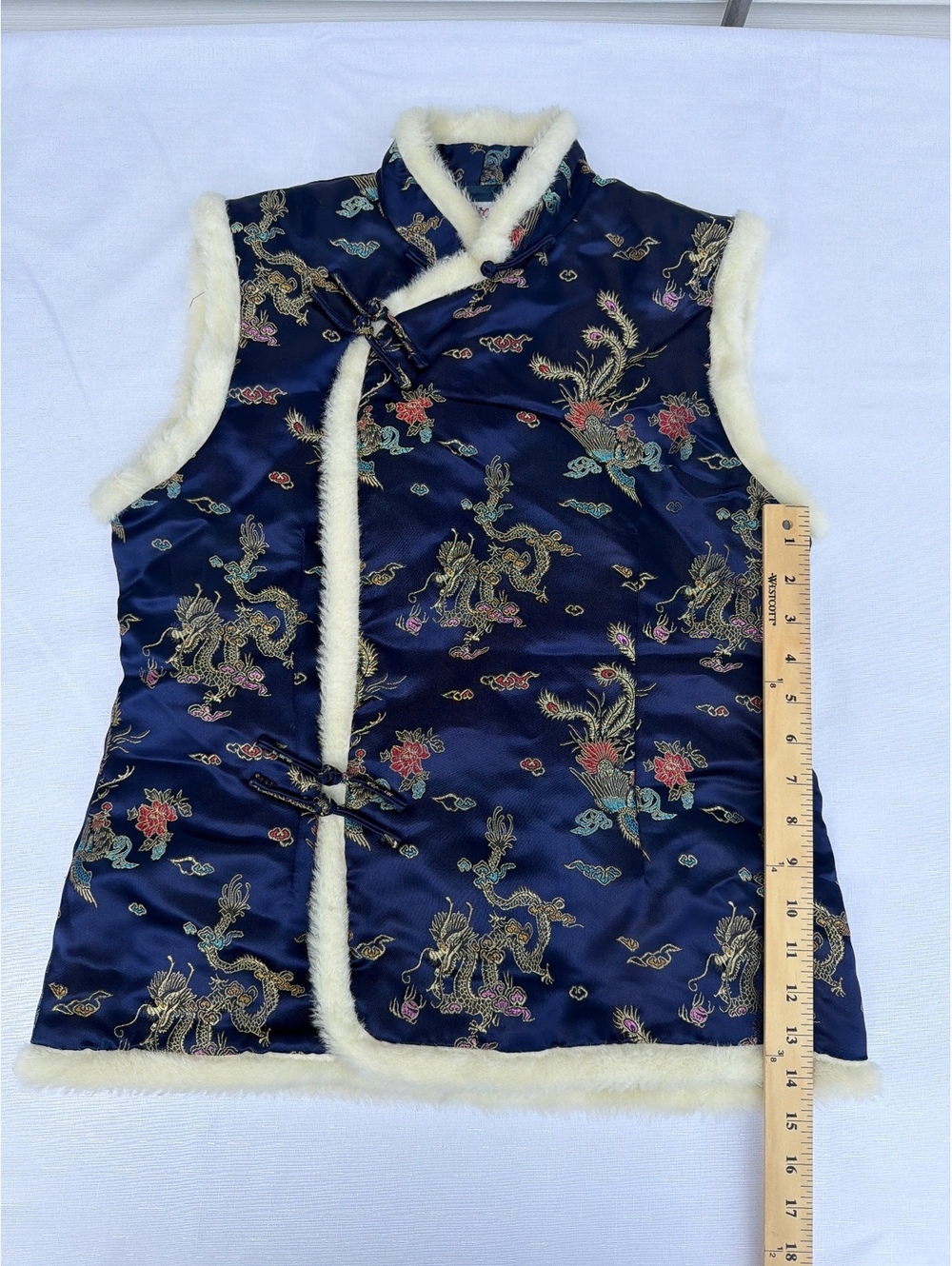 Plum Blossom Women's XL Navy Chinese Dragon Brocade Faux Fur Trim Vest - Picture 4 of 6
